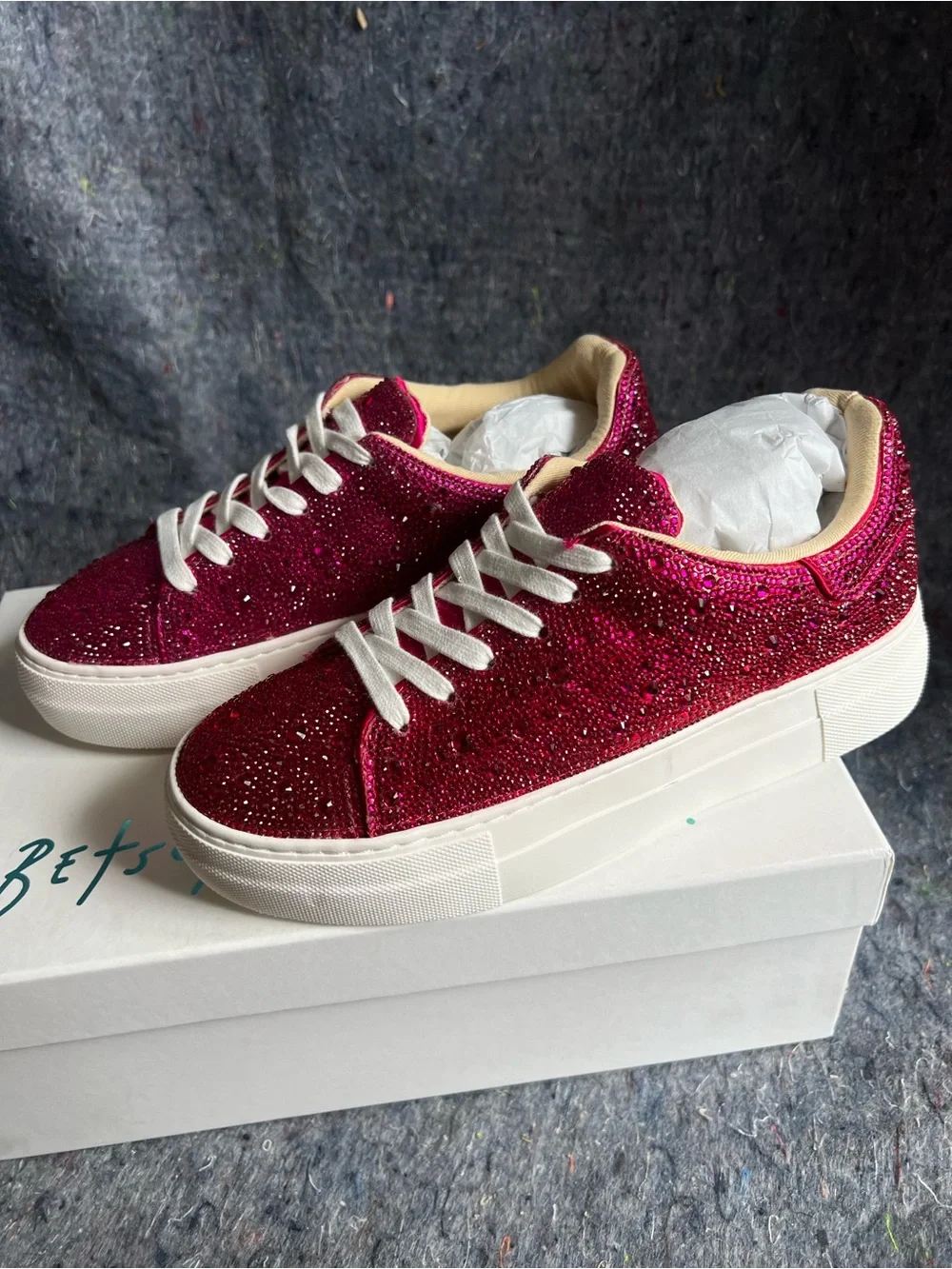 Betsey Johnson Sidny Red beaded Platform Sneakers with White Soles